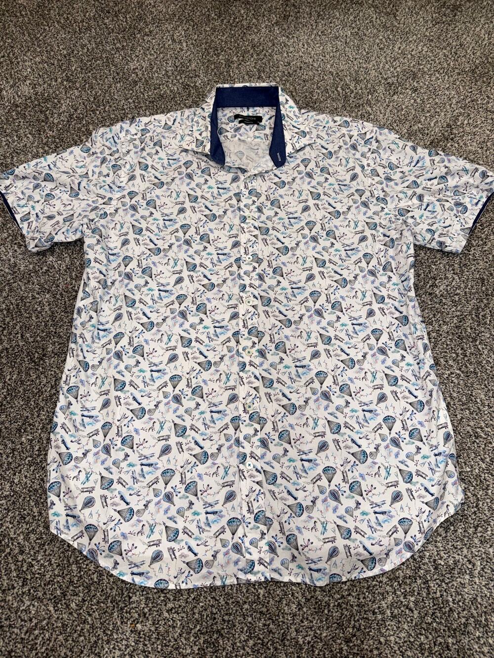 Bugatchi Men’s XXL Shaped Fit Aviation Hot Air Balloon Airplane Print Shirt